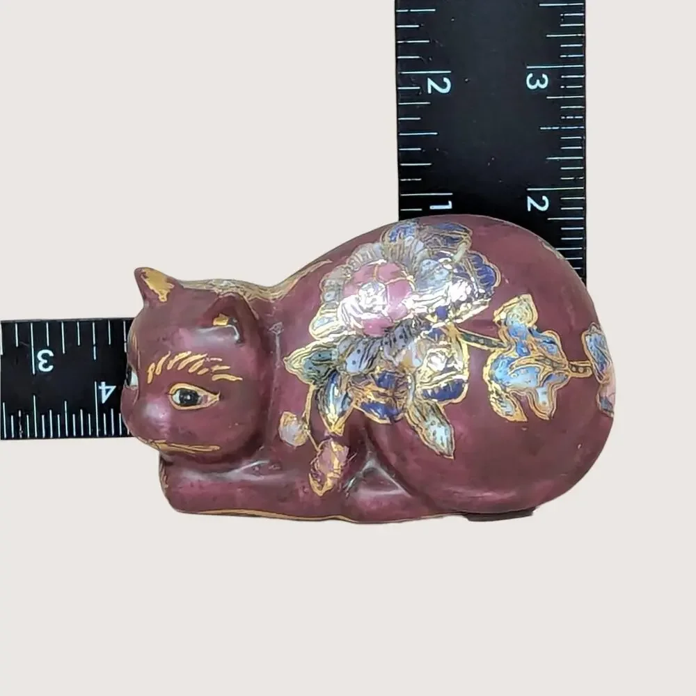 1980s FF Fine Florals Ceramic Cat Figurine Chinoiserie Style
